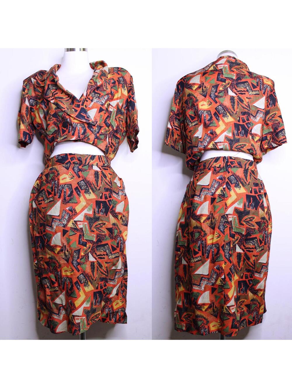 VTG Orange Geometric Two Piece Crop Top Skirt Set - M